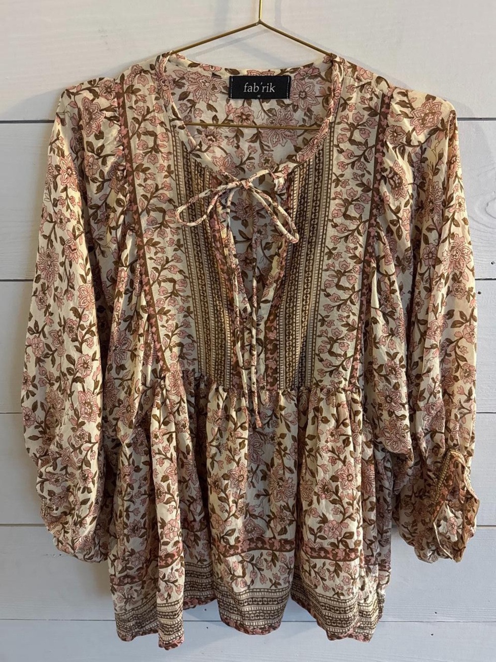 fab'rik Cream Floral Tie-Neck Boho Peasant Top